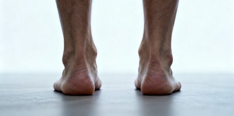 Person standing with subtle foot fatigue and flat arch posture in a clean clinical setting