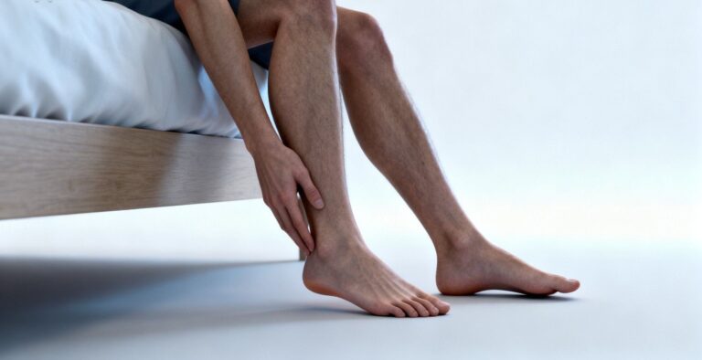 Person taking first morning steps with mild flat foot discomfort in a clean clinical setting