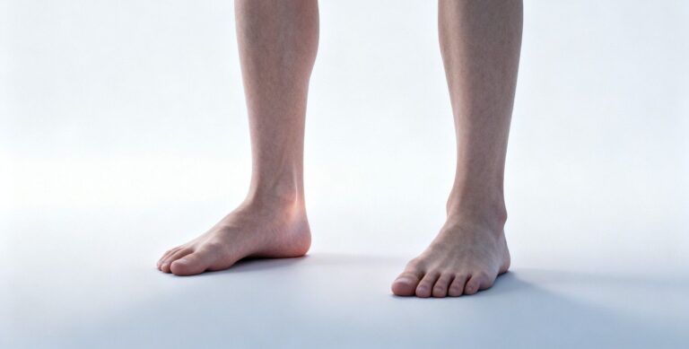 Person standing with mild inner ankle strain linked to flat feet in a clean clinical setting