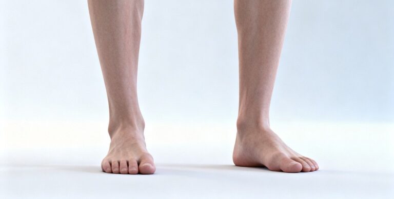 Person standing with mild calf tightness linked to flat feet in a clean clinical setting