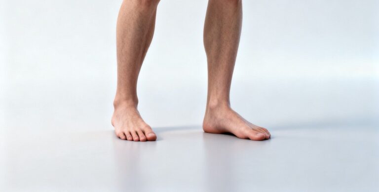 Adult with flat feet standing in a calm clinical environment showing realistic foot posture and long-term arch strain in a medical educational setting.