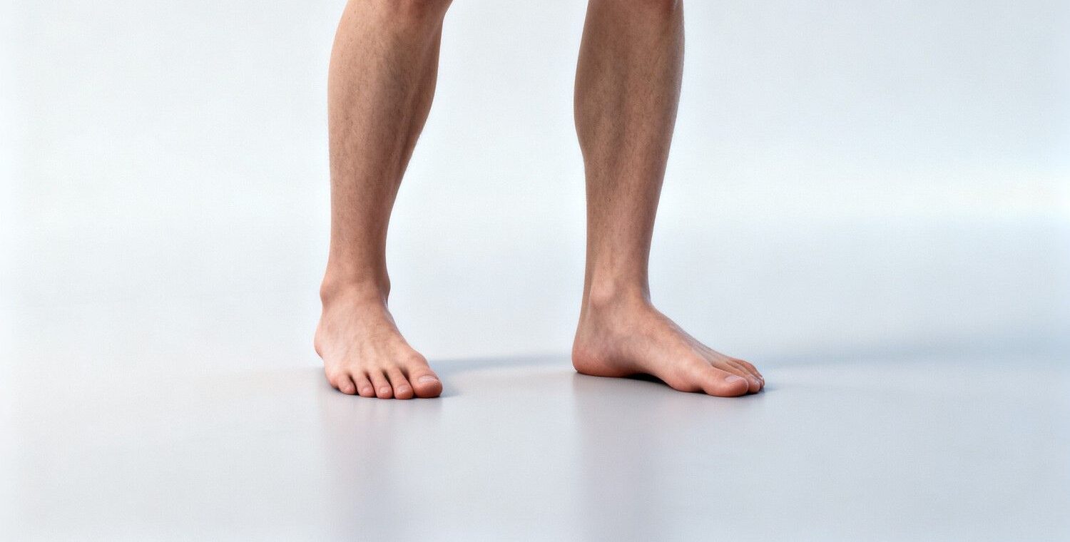 Adult with flat feet standing in a calm clinical environment showing realistic foot posture and long-term arch strain in a medical educational setting.