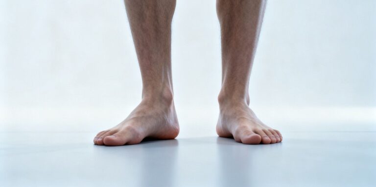 Adult with flat feet standing carefully in a calm clinical setting showing realistic balance and ankle stability concerns.