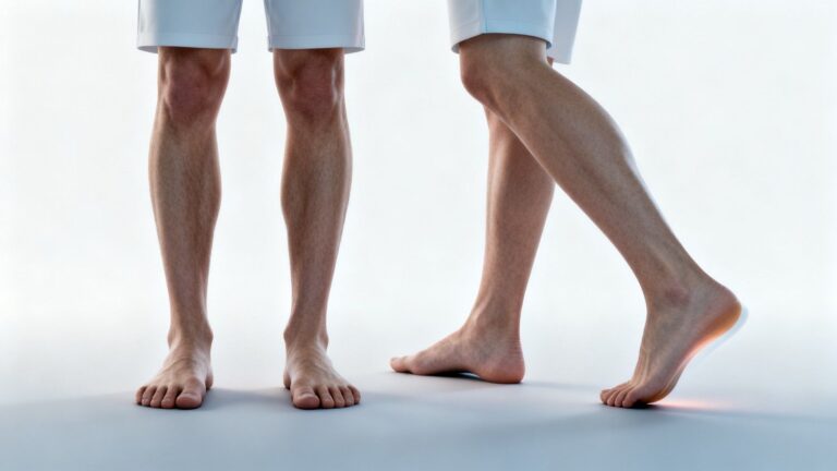 Adult with flat feet shown standing and walking in a calm clinical setting demonstrating different types of foot strain and fatigue.