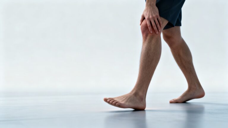 Adult with flat feet walking indoors with mild knee discomfort in a calm clinical setting showing realistic arch support and movement strain.