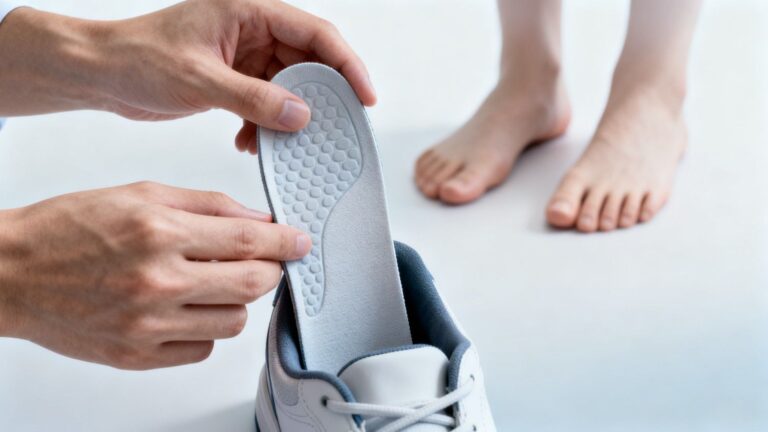 Beginner with flat feet placing supportive insoles into sneakers in a calm clinical-style setting focused on comfort and foot support.