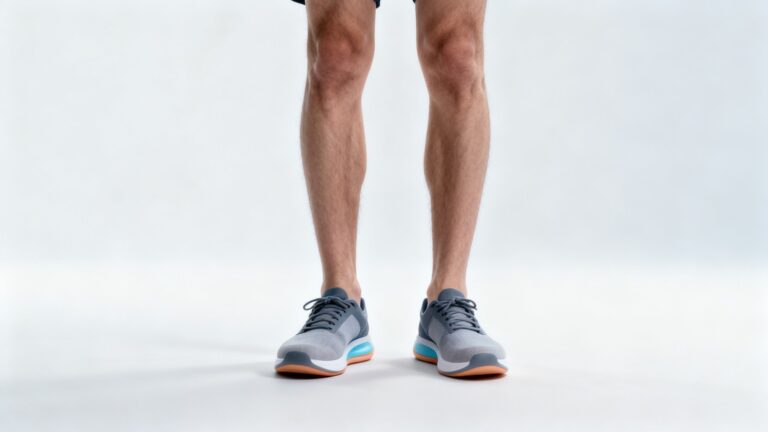 Adult with mild flat feet wearing supportive insoles in casual sneakers in a calm clinical-style setting focused on comfort and stability.