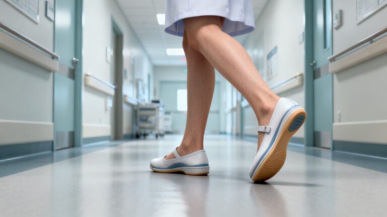 Nurse with flat feet using supportive insoles during a long hospital shift in a calm clinical-style healthcare setting.