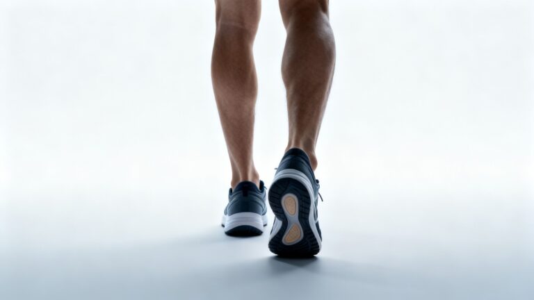 Adult with wide flat feet wearing supportive insoles in wide-fit sneakers in a calm clinical-style setting focused on comfort and stability.