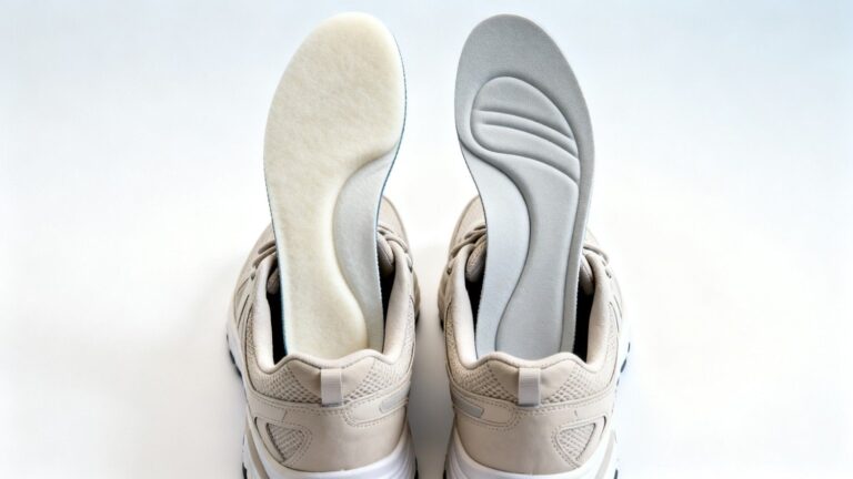 Side-by-side comparison of memory foam and orthotic insoles in athletic shoes in a calm clinical-style medical setting