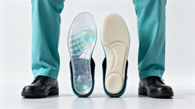Side-by-side comparison of gel and foam insoles inside work shoes in a calm clinical-style setting focused on standing comfort and support.