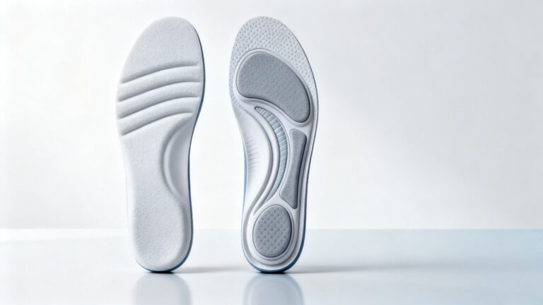 Side-by-side comparison of cheap foam insoles and premium orthotic insoles in a calm clinical-style medical setting.