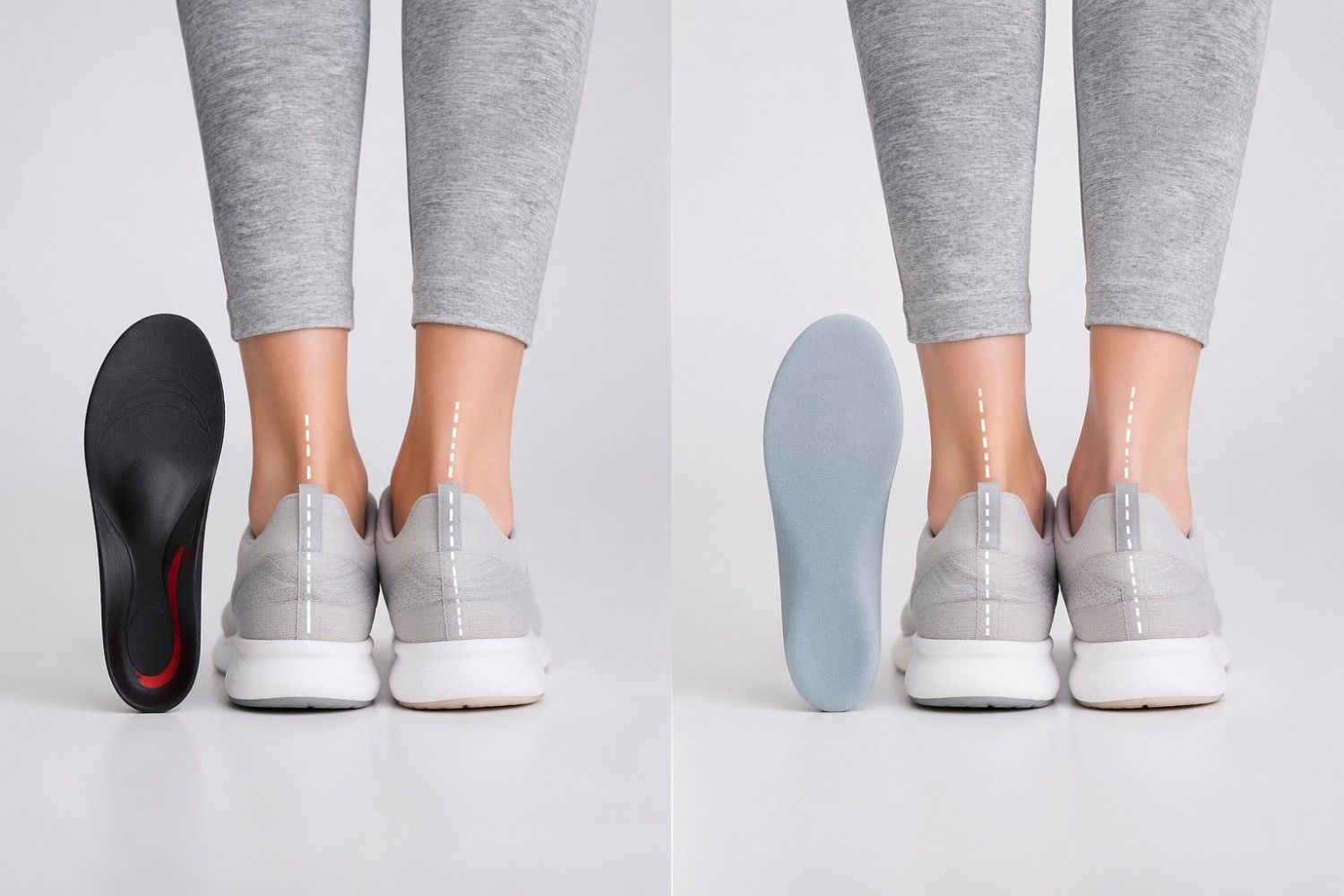 Premium and budget flat feet insoles compared inside orthopedic walking shoes in a clinical educational setting