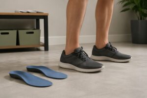 Flat feet home treatment support with orthopedic insoles and supportive walking shoes in a clinical educational setting