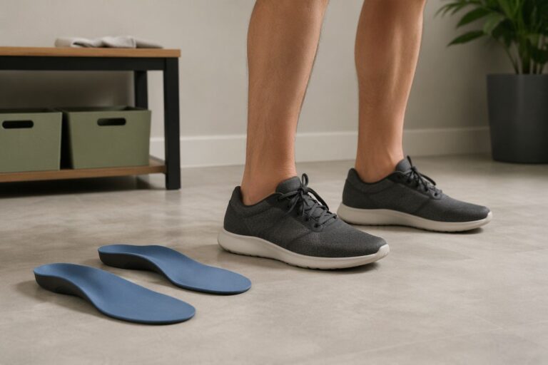 Flat feet home treatment support with orthopedic insoles and supportive walking shoes in a clinical educational setting