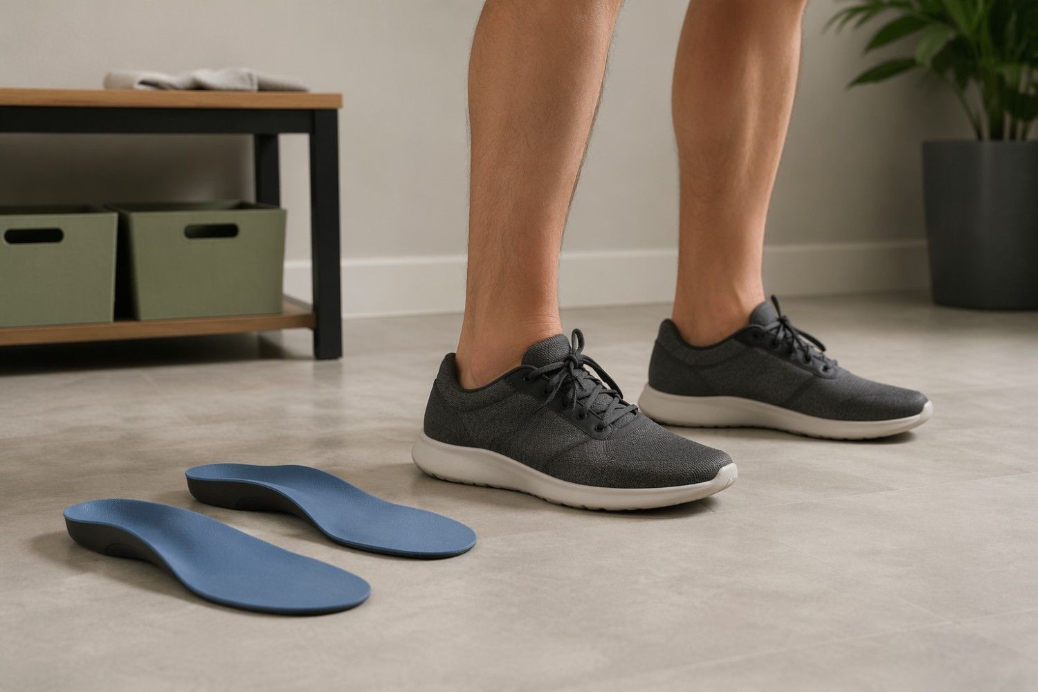 Flat feet home treatment support with orthopedic insoles and supportive walking shoes in a clinical educational setting