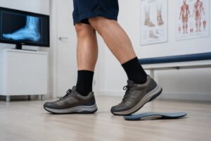 Adult adjusting to structured arch support insoles in supportive walking shoes in a calm clinical educational setting