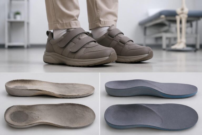 Soft foam insole flattening over time beside a supportive insole in a calm medical educational setting
