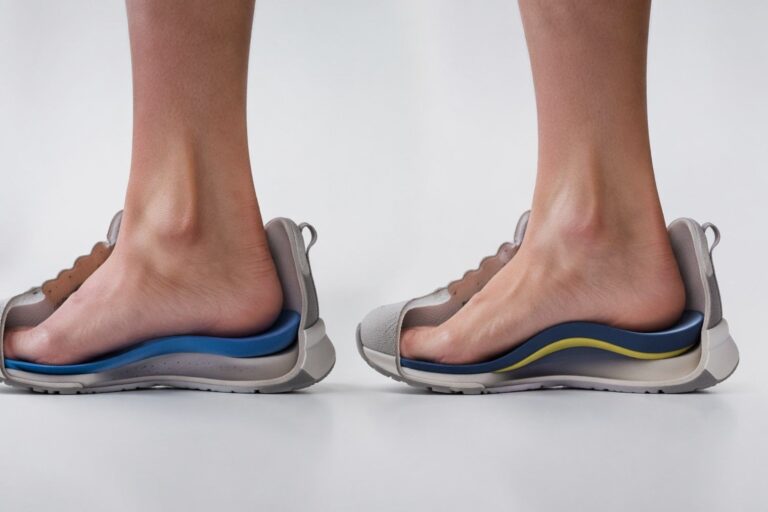Cushioning and stability insoles compared inside supportive walking shoes in a calm medical educational setting