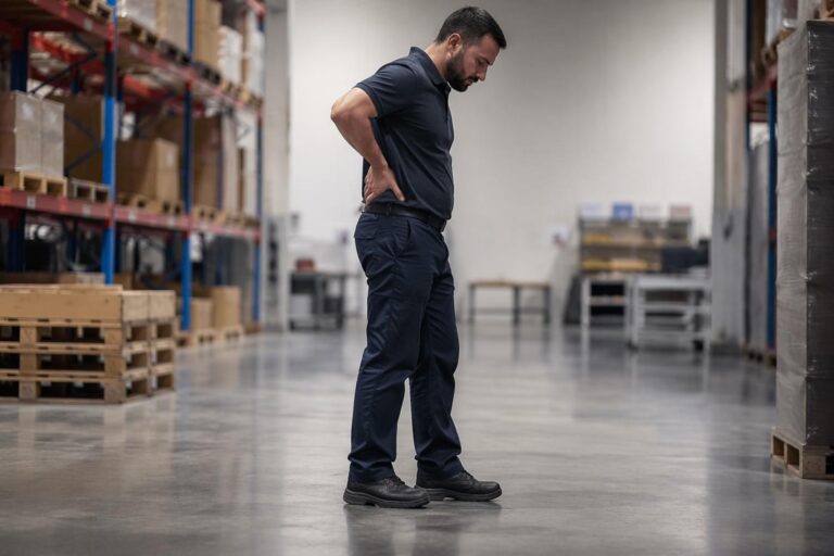Adult standing on a concrete workplace floor wearing supportive shoes in a calm medical educational setting about foot fatigue from prolonged standing.