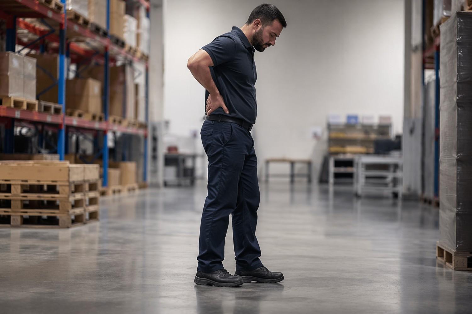 Adult standing on a concrete workplace floor wearing supportive shoes in a calm medical educational setting about foot fatigue from prolonged standing.