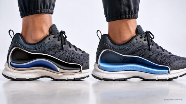 Side-by-side comparison of athletic walking shoes with semi-transparent cutaways showing a structured arch support insole and a shock-absorbing cushioned insole, illustrating the difference between stability and impact protection for everyday walking and standing.