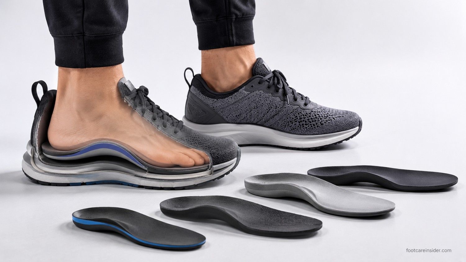 Adult standing in supportive walking shoes with a semi-transparent cutaway revealing a properly fitted arch support insole, illustrating comfortable everyday use of arch support for walking and prolonged standing.