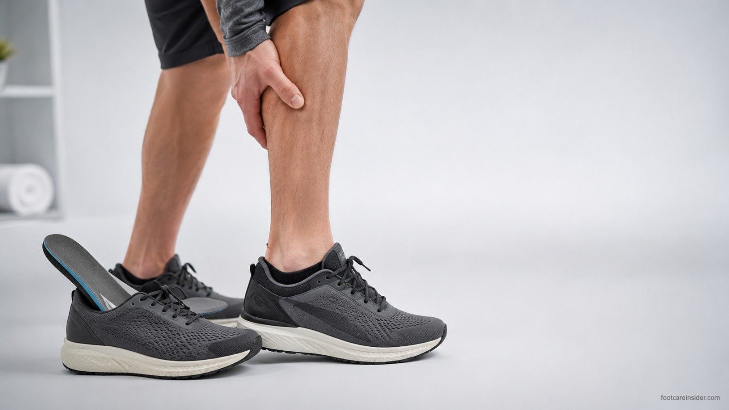 Adult wearing supportive walking shoes with a supportive arch insole visible while gently stretching the calf after a long day of standing, illustrating natural adjustment to arch support in a clean healthcare editorial setting.