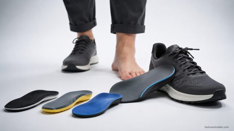 Adult wearing supportive walking shoes with a premium insole designed for high arches displayed beside the shoe, illustrating all-day standing comfort and arch support in a clean healthcare editorial setting.