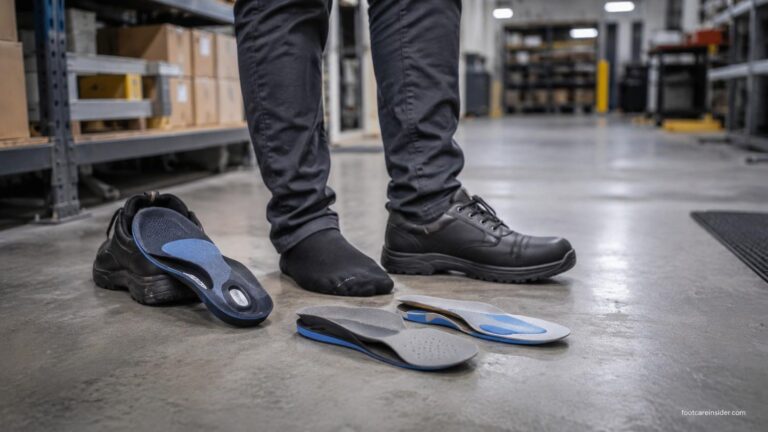 Worker standing on a concrete floor after a long shift with supportive insoles and work shoes displayed nearby, illustrating foot comfort and fatigue relief for hard-floor environments.