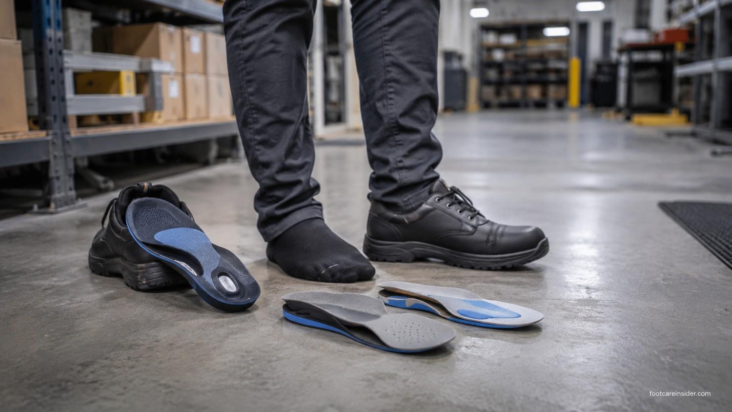 Worker standing on a concrete floor after a long shift with supportive insoles and work shoes displayed nearby, illustrating foot comfort and fatigue relief for hard-floor environments.