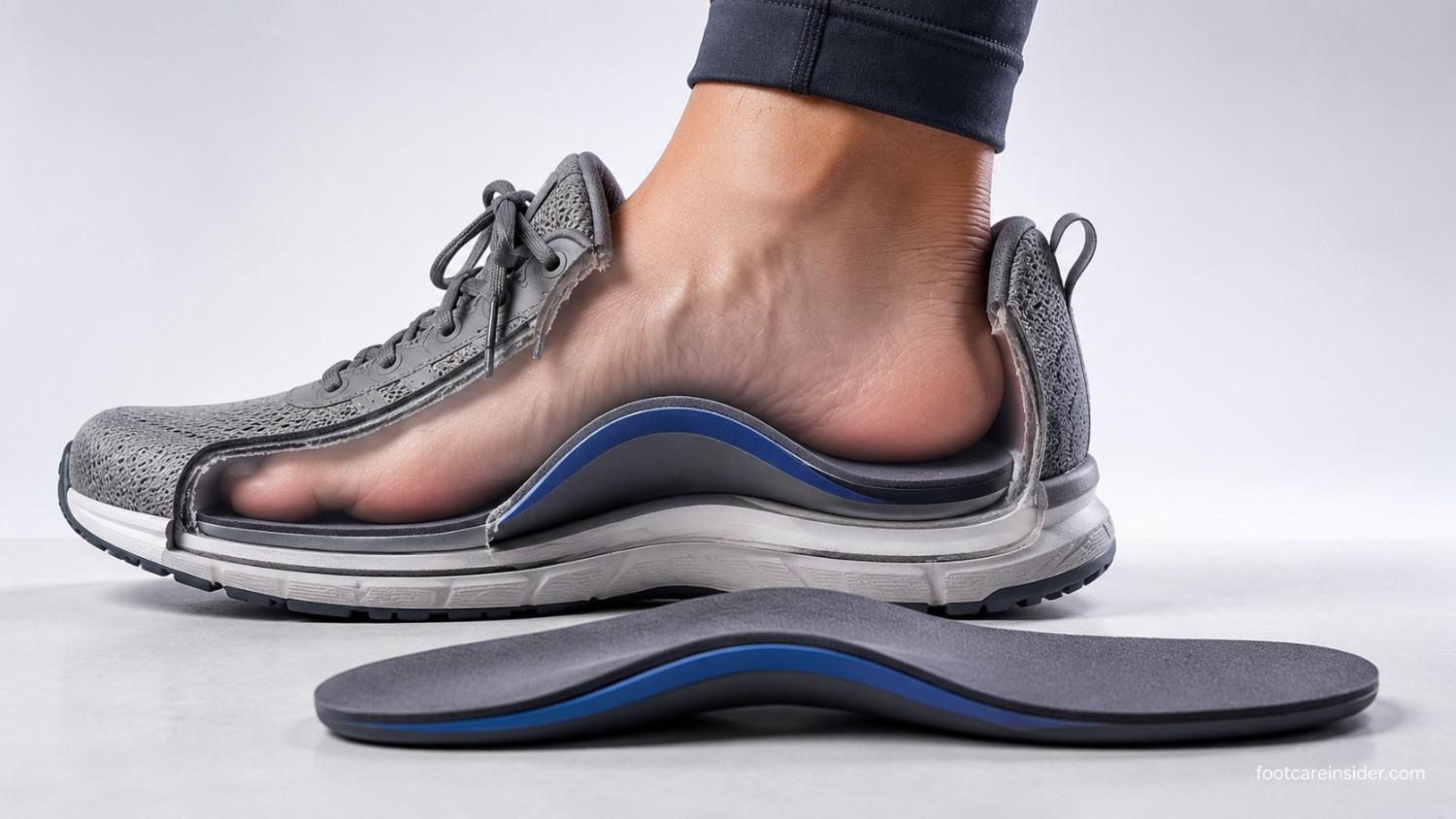 Semi-transparent walking shoe revealing an orthotic insole with an overly high arch beside a correctly shaped insole, illustrating proper arch support fit for everyday walking.