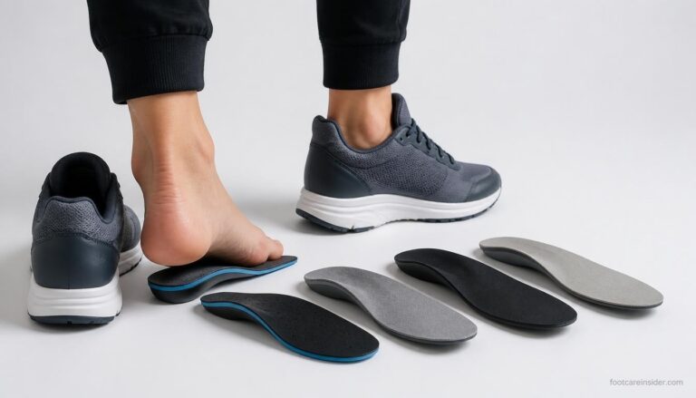 Supportive orthotic insoles displayed beside walking shoes with an adult standing naturally, illustrating how insoles can improve comfort, stability, and foot support for people with flat feet and overpronation during daily walking and standing.