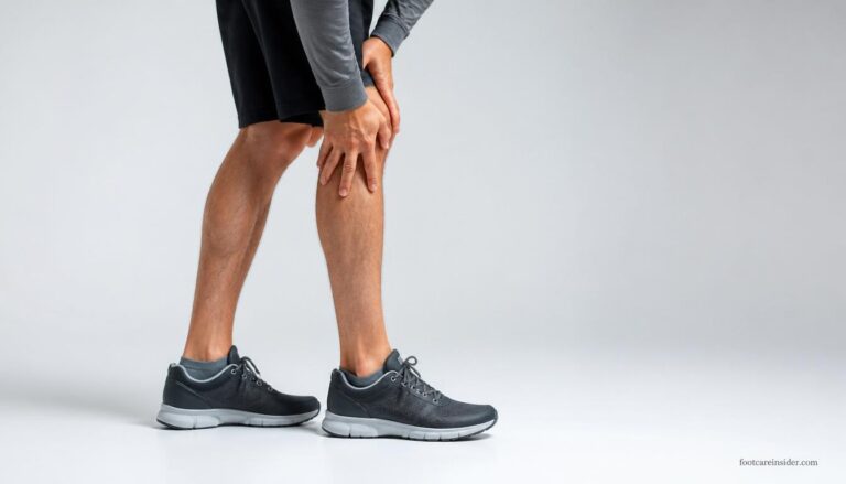 Adult standing in supportive walking shoes with arch support insoles during the adjustment period, illustrating adaptation to improved foot support and alignment.