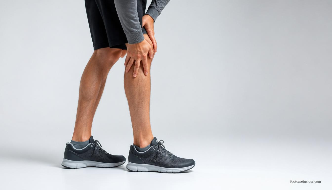 Adult standing in supportive walking shoes with arch support insoles during the adjustment period, illustrating adaptation to improved foot support and alignment.