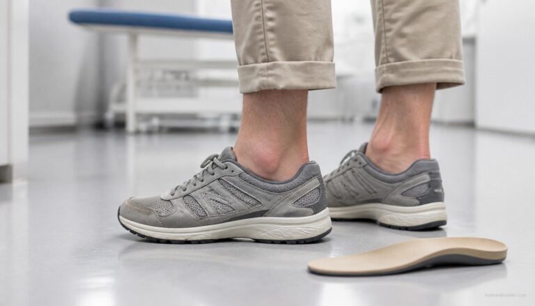 Adult with flat-foot posture standing after a day of walking and standing, illustrating foot fatigue in a professional healthcare editorial setting.