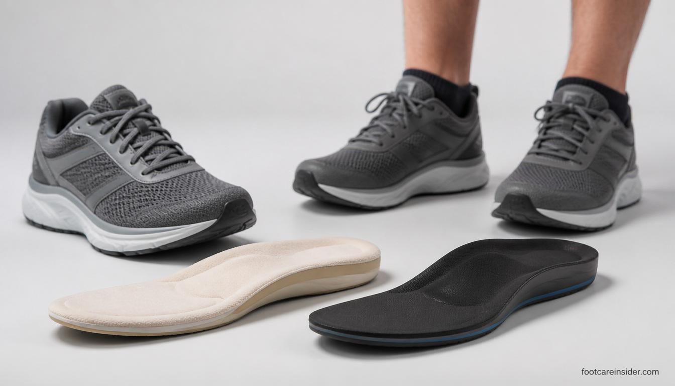 Side-by-side comparison of memory foam and EVA insoles next to walking shoes, illustrating differences in cushioning and structure for everyday comfort.
