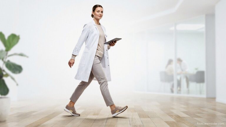 Adult walking comfortably in supportive shoes with visible insole support in a clean healthcare editorial setting focused on daily walking and standing comfort.