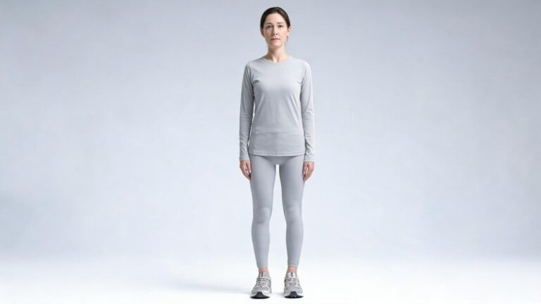Adult standing in a posture assessment setting illustrating the relationship between flat feet, body alignment, and movement mechanics.