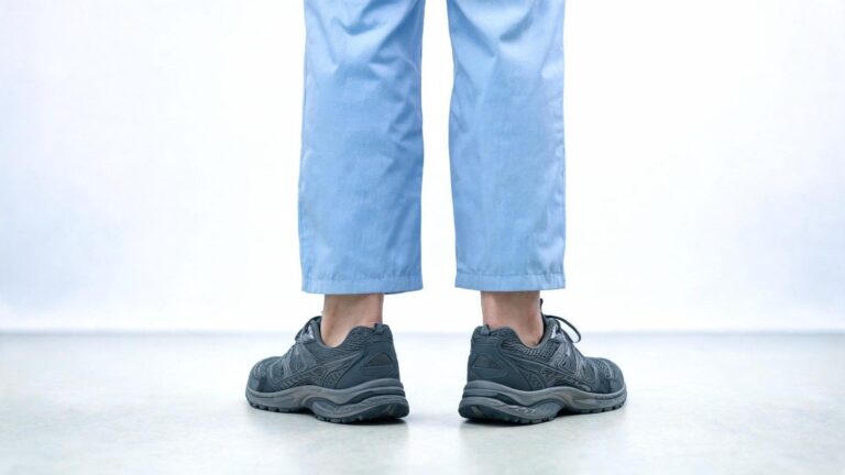 Adult standing on a hard surface with supportive shoes in a medical educational scene illustrating heel pain and foot fatigue after long standing hours.