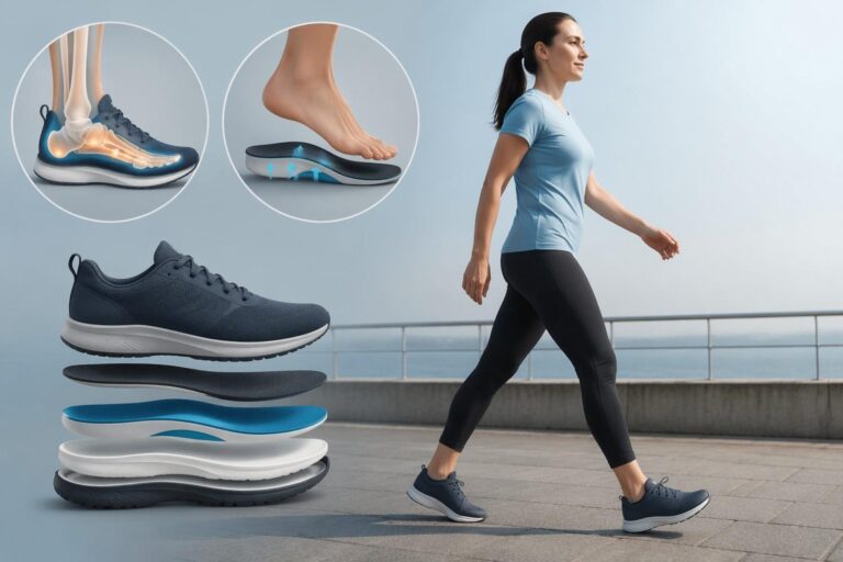 Adult walking comfortably with supportive insoles in walking shoes, illustrating long-distance walking comfort, arch support, and reduced foot fatigue.