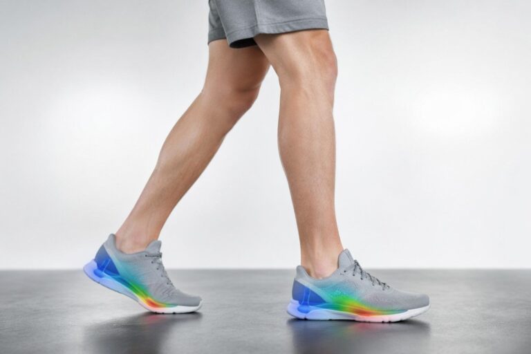 Adult walking with supportive insoles in athletic shoes, illustrating improved walking mechanics, foot support, stability, and natural lower-body alignment.