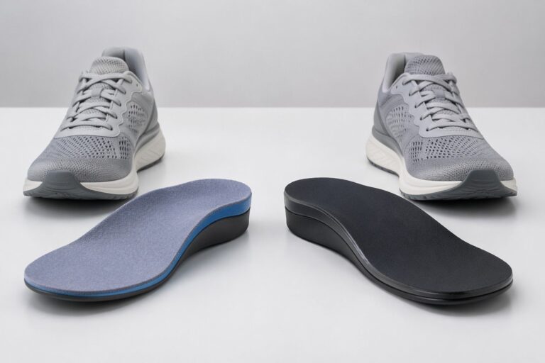 Flexible and rigid orthotics displayed side by side in a medical educational comparison highlighting differences in cushioning, support, stability, and daily comfort.