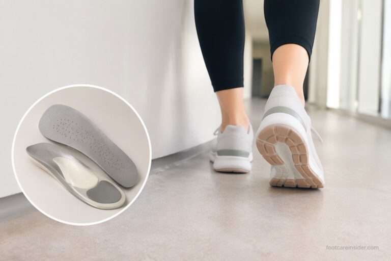 Adult walking comfortably in supportive athletic shoes with orthopedic insoles for arch fatigue relief, highlighting arch support, pressure distribution, and long-distance walking comfort.