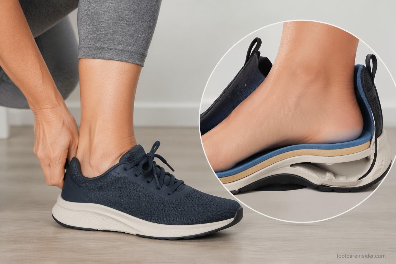 Adult adjusting a shoe with a supportive orthopedic insole, illustrating how insoles can affect shoe fit, comfort, and internal space without causing excessive tightness.