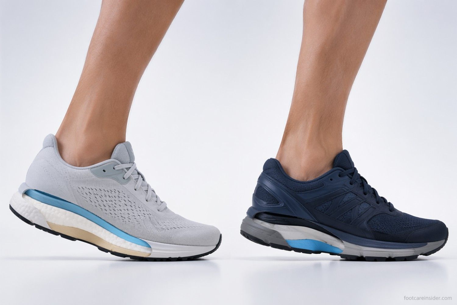 Adult with flat feet comparing cushioned running shoes and structured stability shoes, illustrating differences in support, comfort, and walking performance.