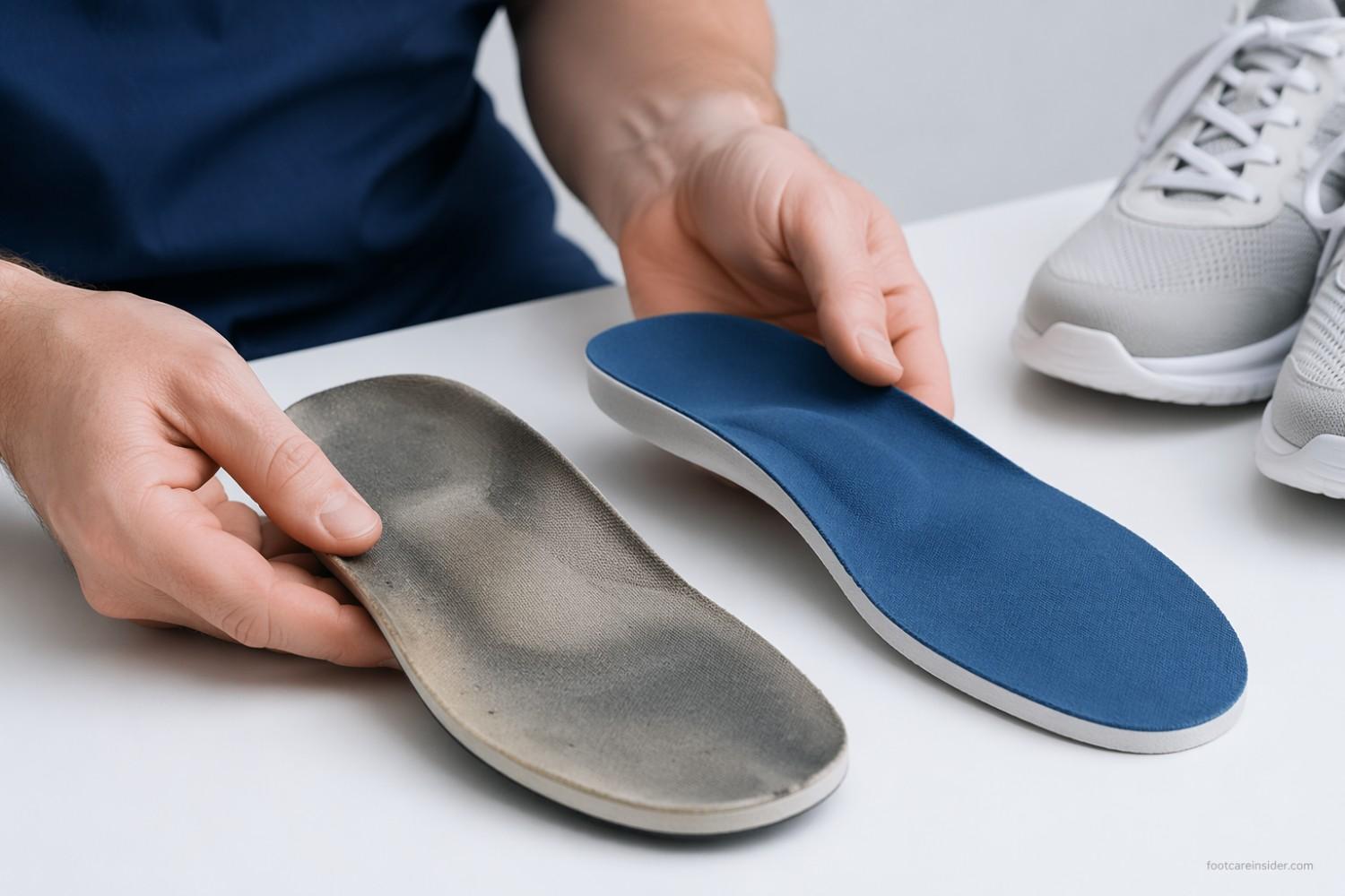 Person comparing a worn flattened insole with a newer supportive insole in a clean healthcare editorial setting.