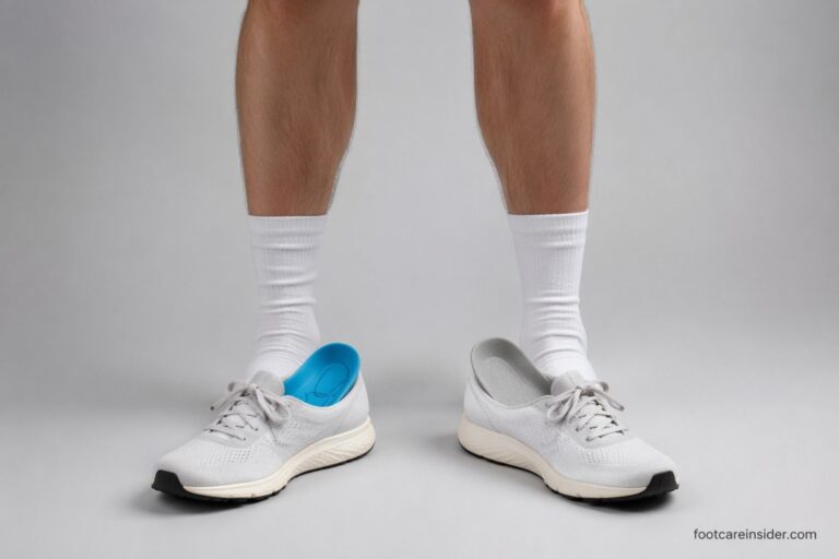 Person comparing a structured arch-support insole and a cushioned comfort insole in matching athletic shoes within a clean healthcare editorial setting.