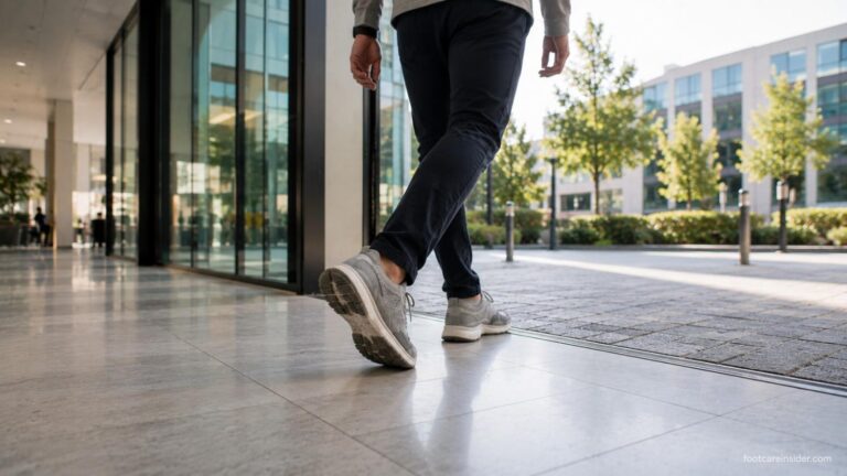 Adult walking through a modern urban passage near the end of the day, illustrating how walking fatigue gradually builds with repeated daily movement.