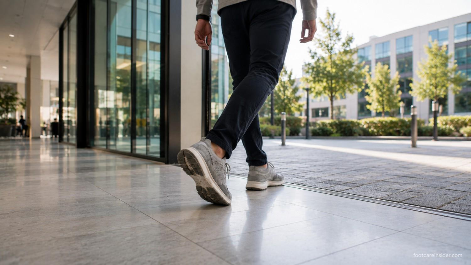 Adult walking through a modern urban passage near the end of the day, illustrating how walking fatigue gradually builds with repeated daily movement.